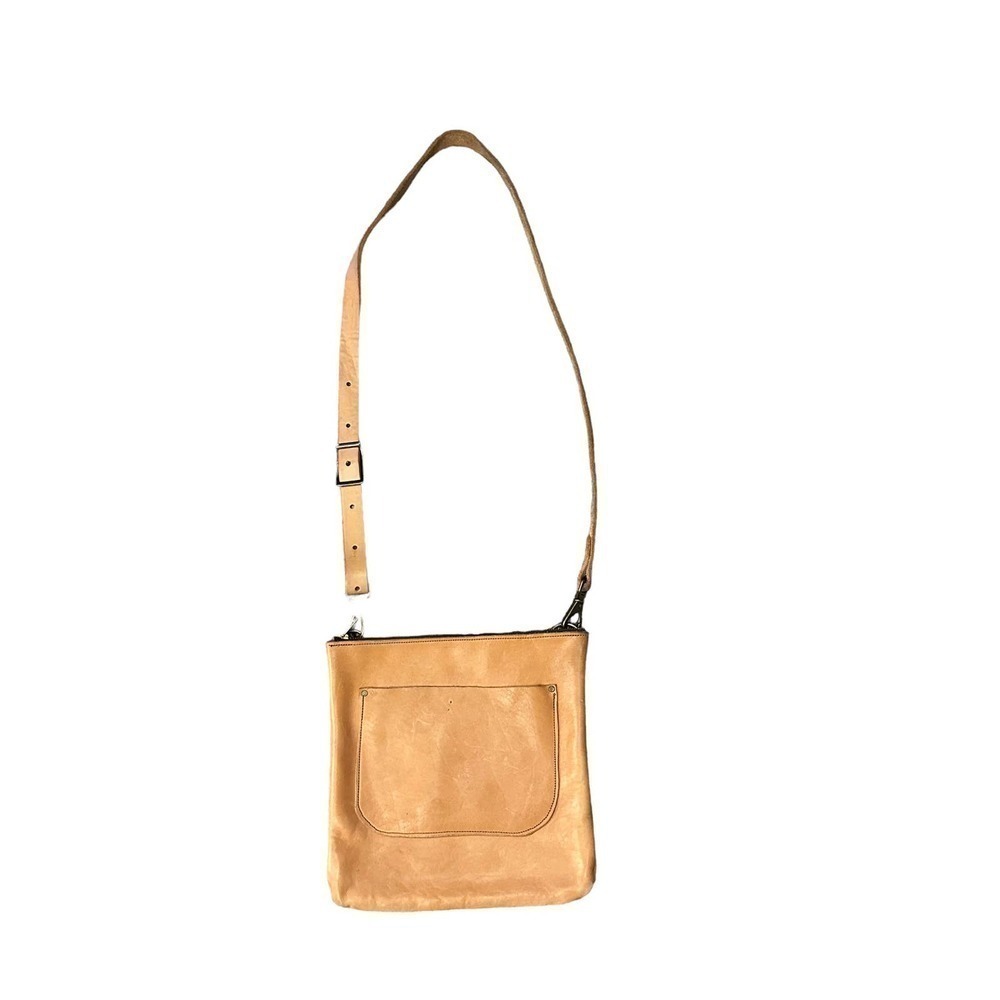 Handmade hand tooled Calf Leather Tan Crossbody Purse Zipper Square